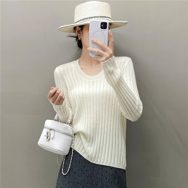2025百搭时尚简约圆领抽条羊绒衫，女装羊绒衫，国旺羊绒