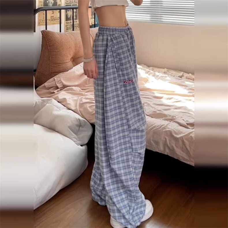 ins无品牌蓝色格子高腰休闲裤女春秋宽松潮流行潮流慵懒气质新款,女装休闲裤,星座1210-1