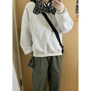 格纹拼接翻领卫衣男春季复古外套立领纽扣重磅长袖上衣 W408图片