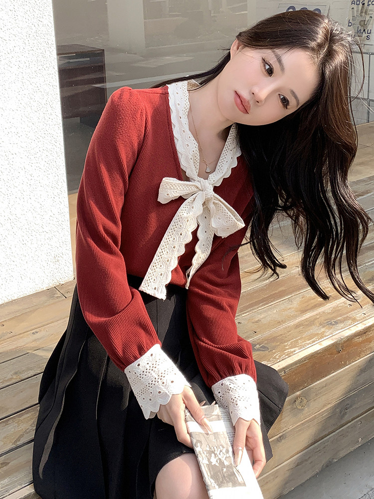法式气质红色针织衫上衣女2025新款春季好看温柔高级感内搭打底衫图片