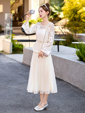 小香风套装女2025春夏新款防晒蕾丝上衣波西米亚网纱半身裙两件套，女装套装/套裙，意芙