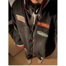 DJK8945-P85美式牛仔外套男贴布机车赛车服夹克上衣-网图现货，男装夹克，星座603-2