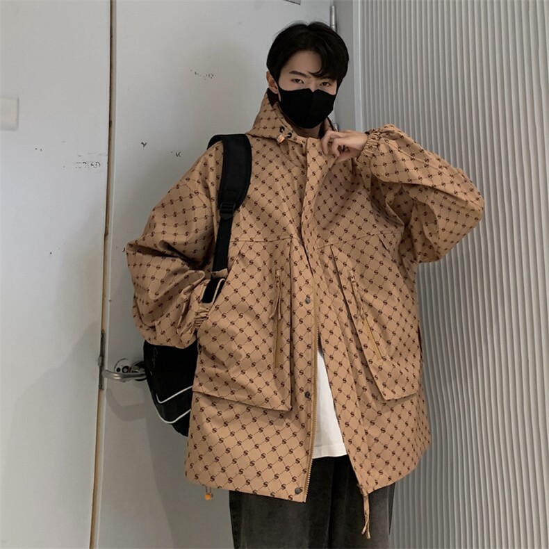 迷彩格子外套男春秋款连帽青少年春装冲锋衣夹克大码JK076-P100图片