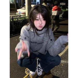 美式潮牌字母提花连帽针织衫女秋冬2024新款设计感拼接长袖上衣潮图片