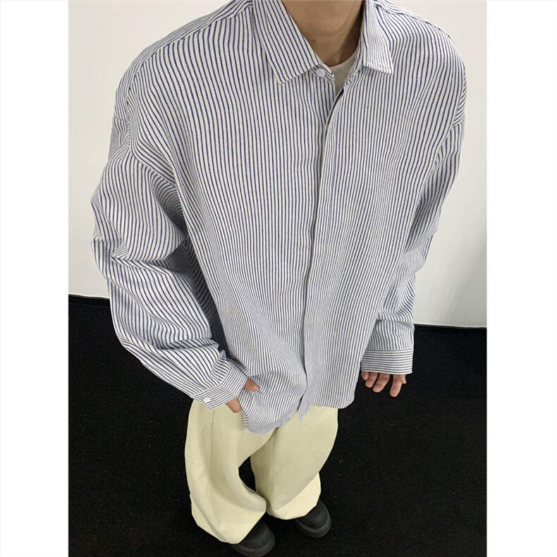 美式黑白条长袖衬衫加厚版本C5889-特P28蓝色,男装衬衫,电商A094