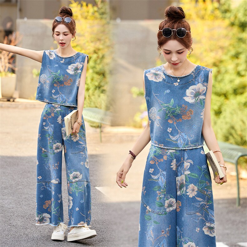 夏天无袖印花牛仔套装女2025超火夏装一整套时尚减龄九分裤两件套,女装套装/套裙,关键词