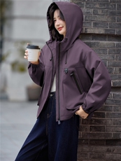 工装风休闲连帽加绒加厚短外套女2025秋冬新款宽松显瘦保暖派克服，女装短外套，依路服饰