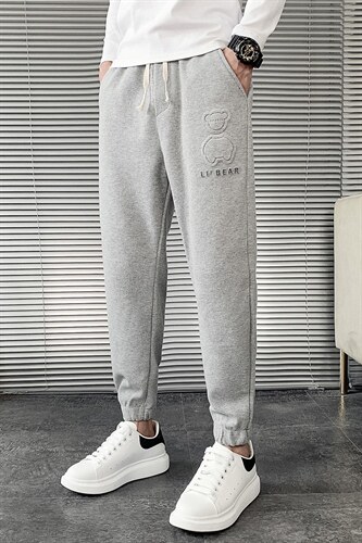 网红华夫格休闲裤男韩版潮流2025秋冬季新款小熊压花长裤修身小脚，男装休闲裤，电商A327