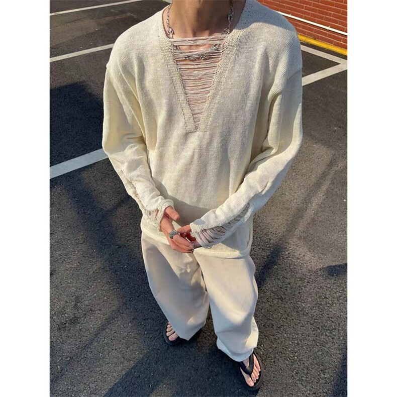 小众V领针织衫男款轻奢老钱风慵懒外穿打底衫潮牌破坏风薄款长袖,男装T恤,星座1008