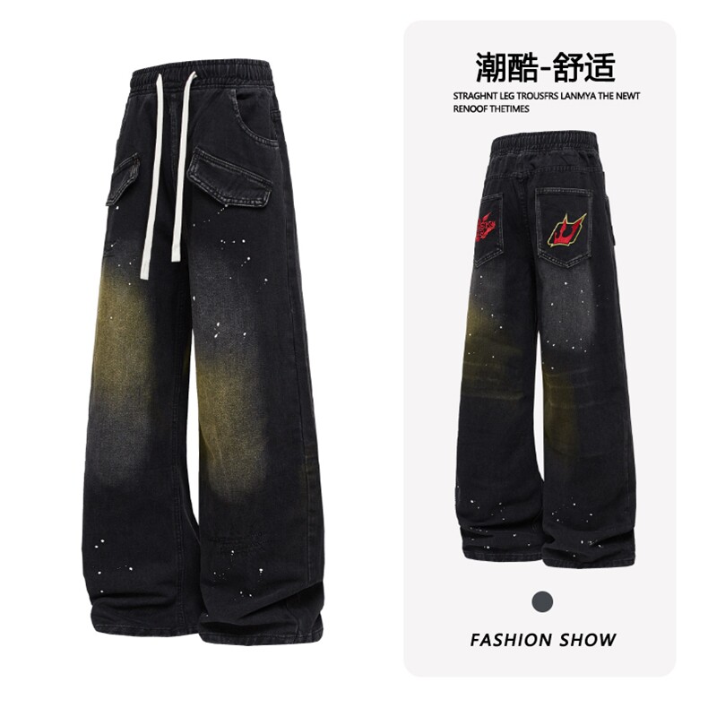 B221 美式ins高街暗黑喷墨刺绣宽松直筒牛仔裤 LK24345-P65控88图片