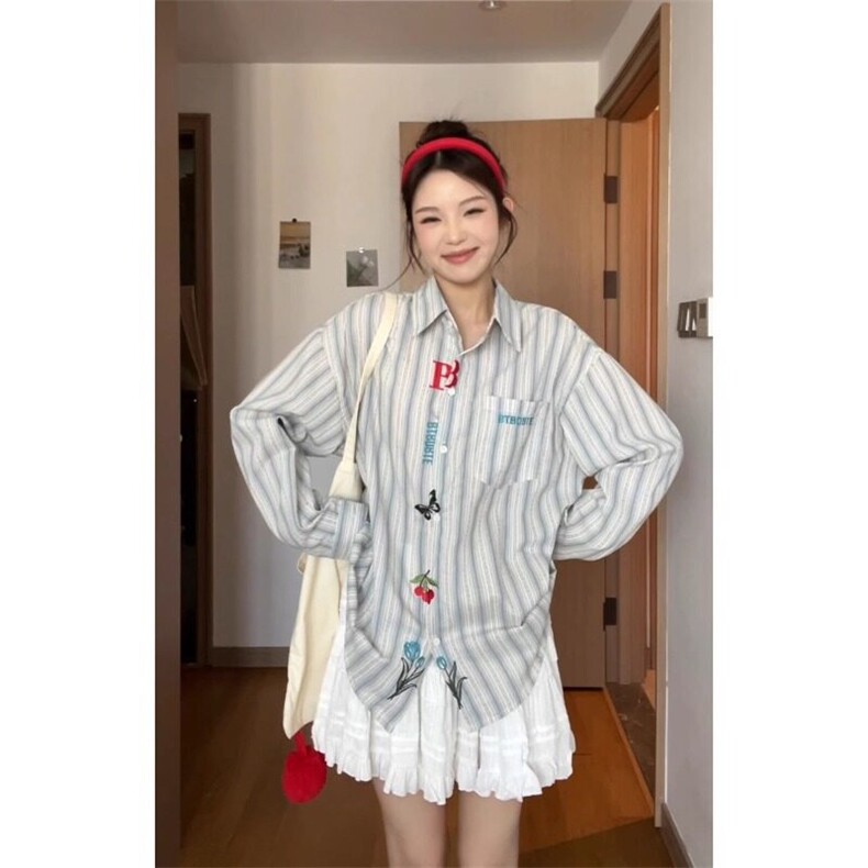 2025新款女刺绣长袖条纹衬衫白色,男装衬衫,星座506A