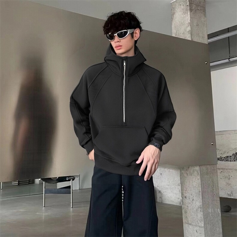 抖音得物二开美式重磅宽松结构拉链设计防风高领连帽卫衣外套W76,男装卫衣,电商A486