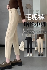 黑色毛呢裤子女秋冬哈伦西装裤胖MM直筒高腰小个子九分烟管裤，女装休闲裤，云美莎专业女裤-全店现货