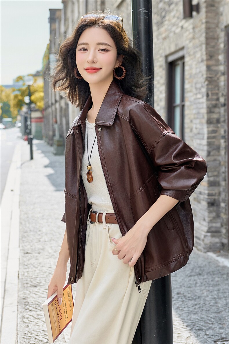 时尚翻领宽松pu皮衣外套女2025秋新款显瘦百搭休闲超好看夹克上衣,女装皮衣,英标秀（1C119）