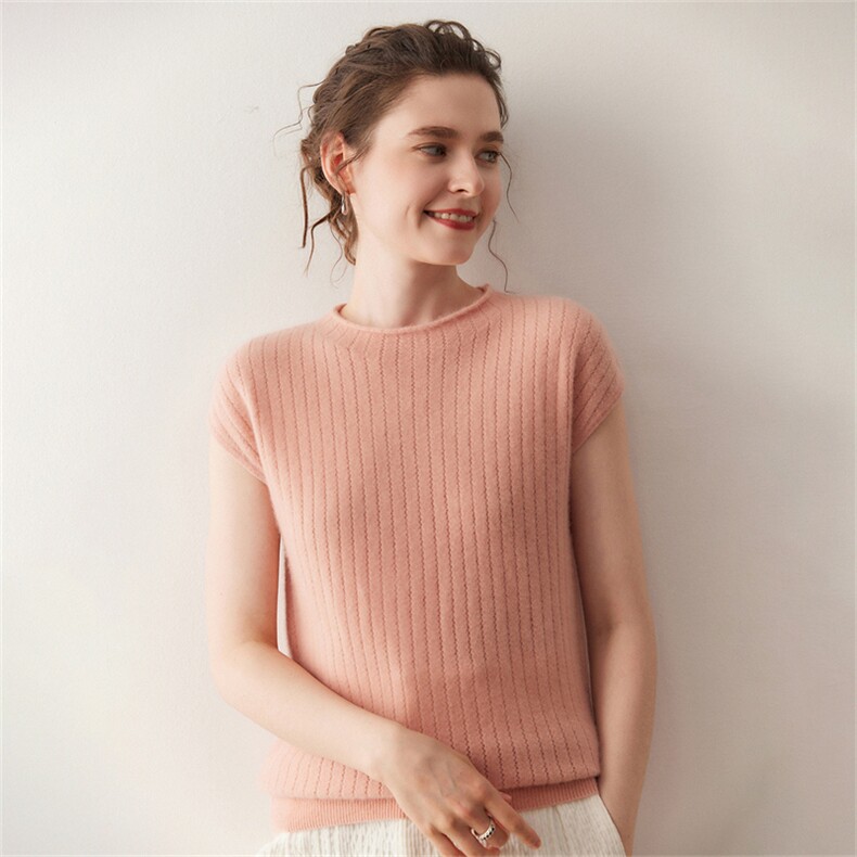 休闲舒适~山羊绒衫女圆领无袖打底衫纯色卷边宽松显瘦亲肤针织衫，女装T恤，溪贝羊绒