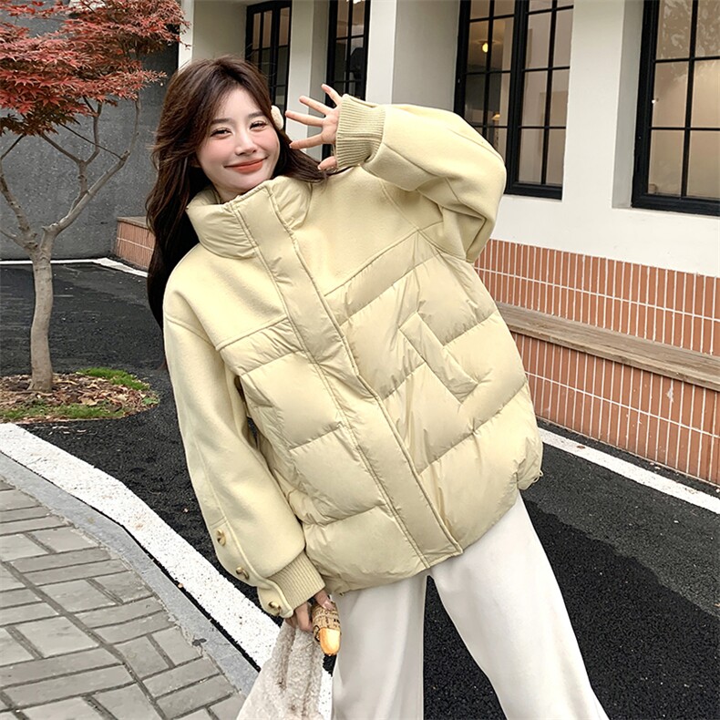 新款主推毛呢拼接中长款立领羽绒服9955-P285-K408,女装短外套,2C129