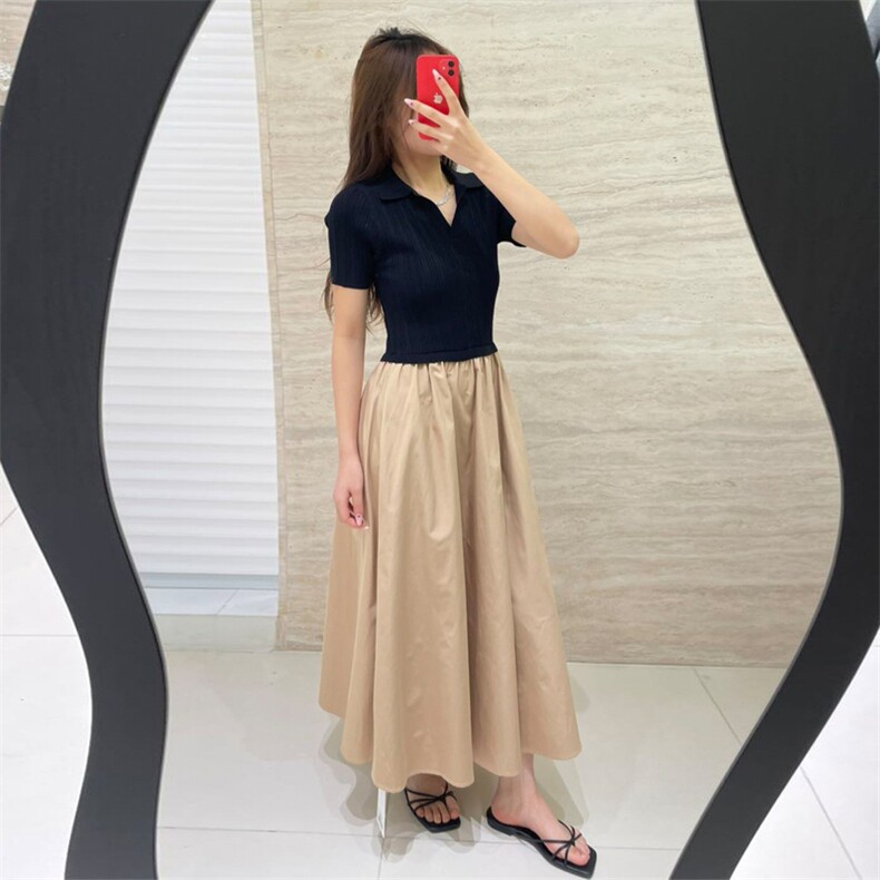 坑天POLO领拼接纯棉半身裙,女装连衣裙,优麦羊绒（原洪叶羊绒）