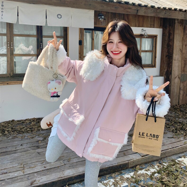 粉色连帽羊羔毛内胆派克服女2C052-2021-P235-K338,女装派克服,2C052