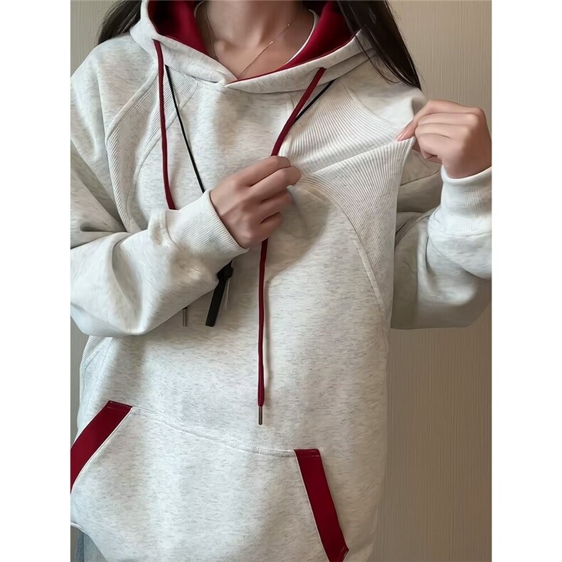 HK04-P43美式复古撞色男女休闲连帽卫衣外套女春秋季宽松,女装短外套,电商B323A