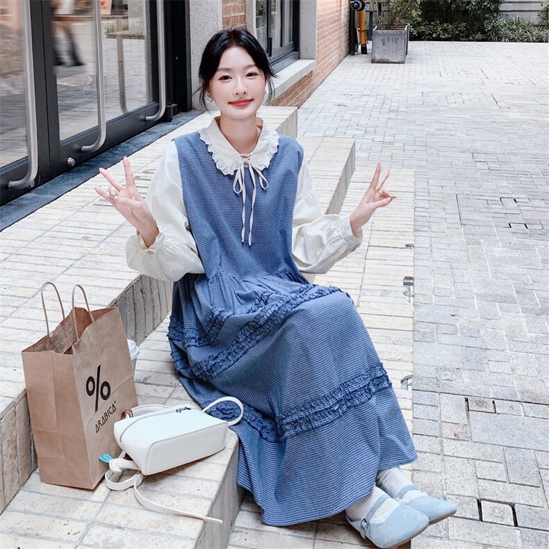 文艺风穿搭格子背心连衣裙女春秋2025超火好看高级感长裙两件套装,女装套装/套裙,2C056