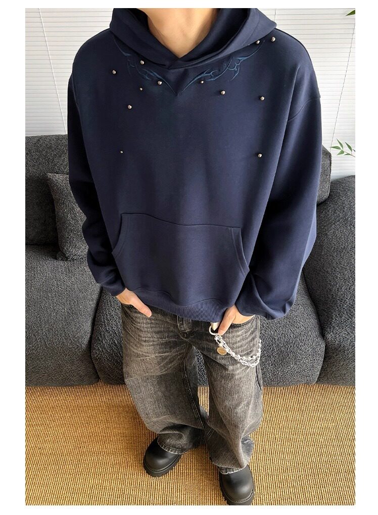 GC0758-P50网图复古钉珠刺绣设计连帽卫衣男女宽松休闲上衣帽衫,男装卫衣,电商C233