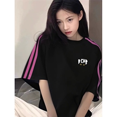 抖音得物品质二开240克宽松纯棉美式潮牌印花三条杠中性风短袖T恤，男装T恤，电商A486