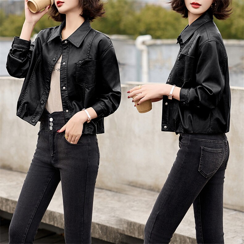 2025春秋季新款皮衣外套女pu皮翻领短款上衣拉链高级感机车服夹克,女装皮衣,潮流依族