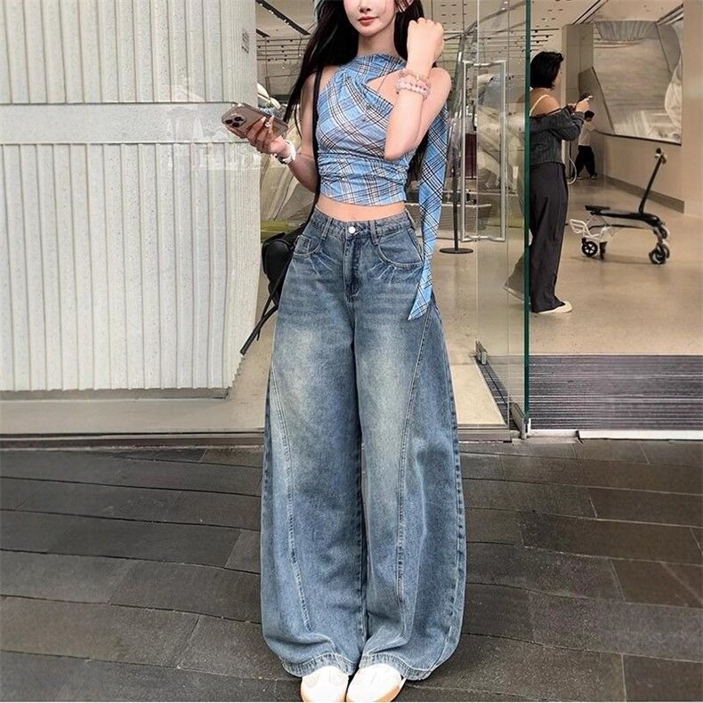 美式高街水洗弯刀牛仔裤女2025秋季新款高腰宽松显瘦痞帅阔腿裤,男装牛仔裤,星座1210-1