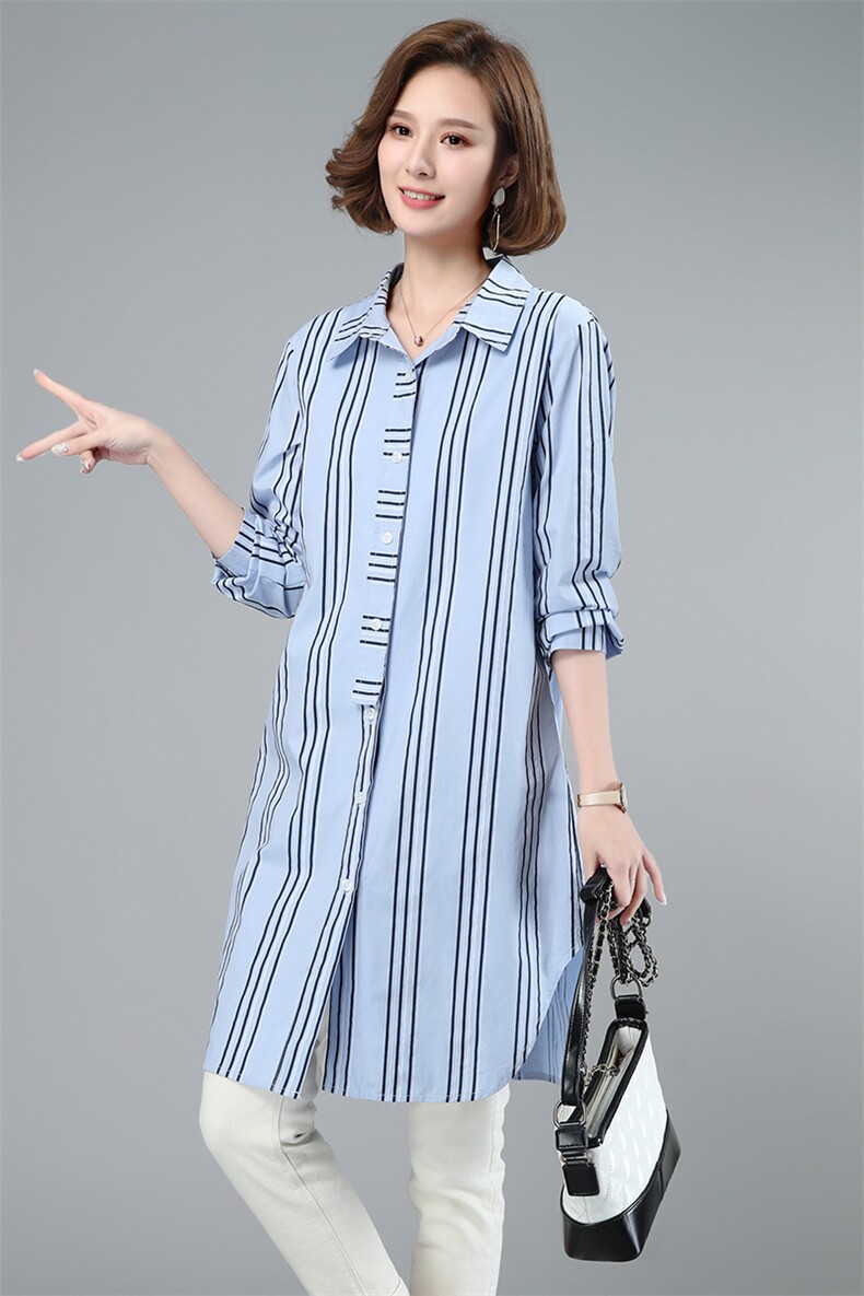 2021春季新款时尚百搭休闲条纹长款衬衫,女装衬衫,小林双子