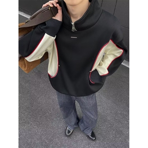 JY624-P53 拼色长袖Polo衫男字母美式复古宽松半拉链卫衣 网图图片