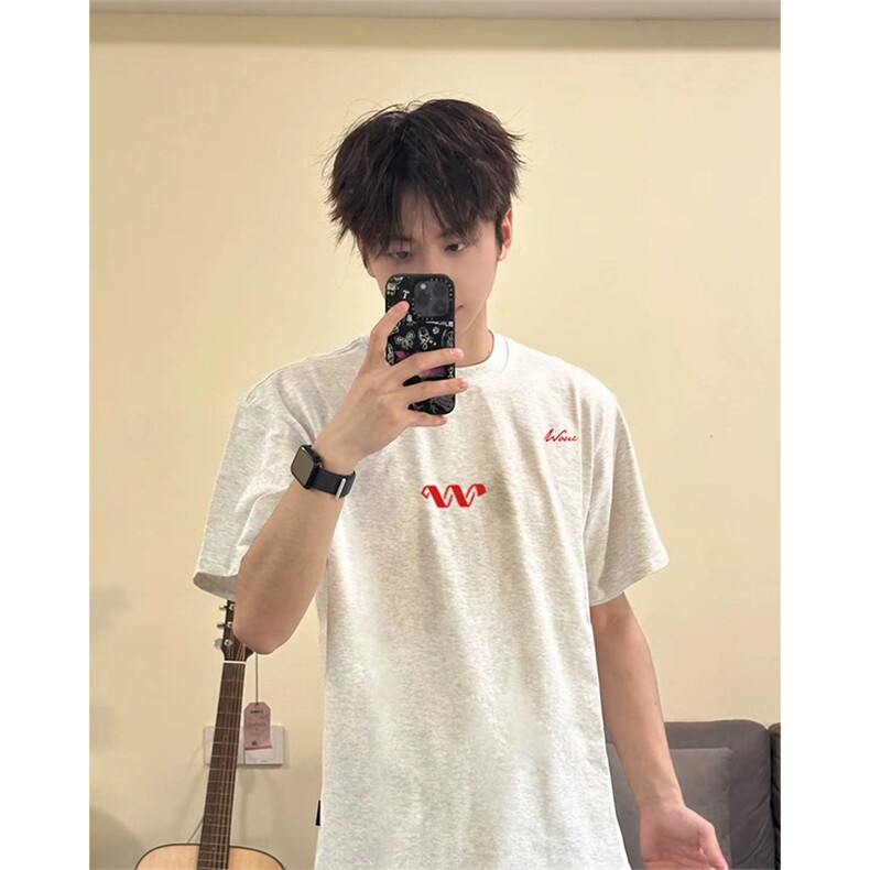 抖音得物210克现货宽松纯棉美式潮牌印花落肩袖纯棉T恤AT211114,男装T恤,电商A443