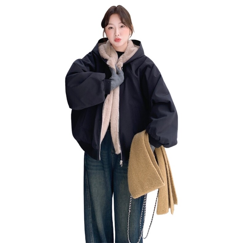 韩系工装风连帽派克服羊羔毛绒外套女冬2025新款保暖加厚加绒外套,女装短外套,艾米莉亚
