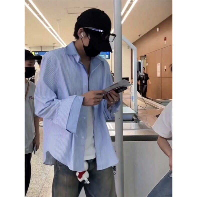 衬衫男长袖港风日系薄款宽松秋季高级条纹潮ins休闲衬衣男士外套,男装衬衫,星座506A