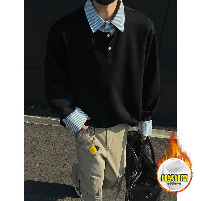 重磅加绒硬挺boxy男女美式高街假两件衬衫领长袖卫衣POLO领打底衫，男装T恤，电商A486