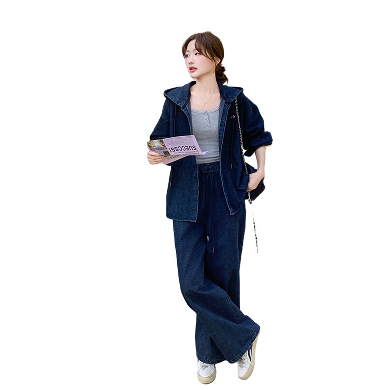 连帽牛仔衬衫外套牛仔阔腿裤两件套-C051-T667-P175-K248,女装套装/套裙,2C051