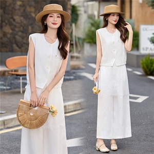 现货轻熟风气质套装女2026夏季麻料薄款西装马甲上衣阔腿裤两件套，女装套装/套裙，艾仟回(原伊仟回)
