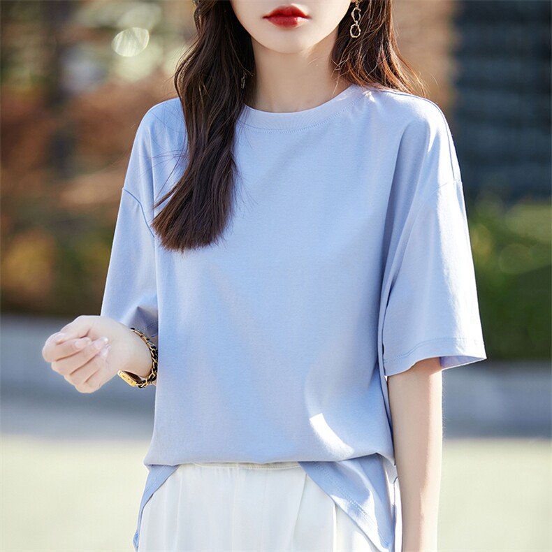 丝光纯棉落肩短袖t恤女中长款2025新款夏季,女装T恤,暖烁羊绒