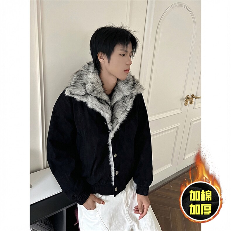 现货高品质美式高街重磅狼王座山雕毛毛领假两件棉衣加厚棉服外套，男装棉衣，电商A486