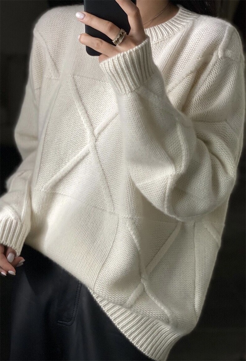 新款圆领提花宽松针织衫女秋冬外穿时尚百搭,女装羊毛衫,千御纺羊绒