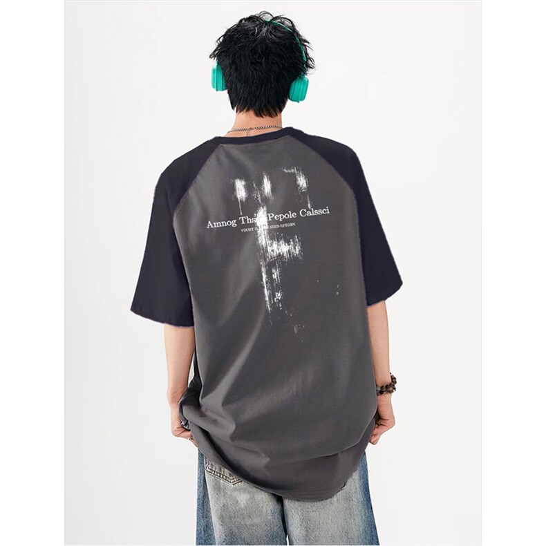 抖音得物高品质二开240克宽松纯棉美式潮牌插肩袖拼接短袖T恤，男装T恤，电商A486