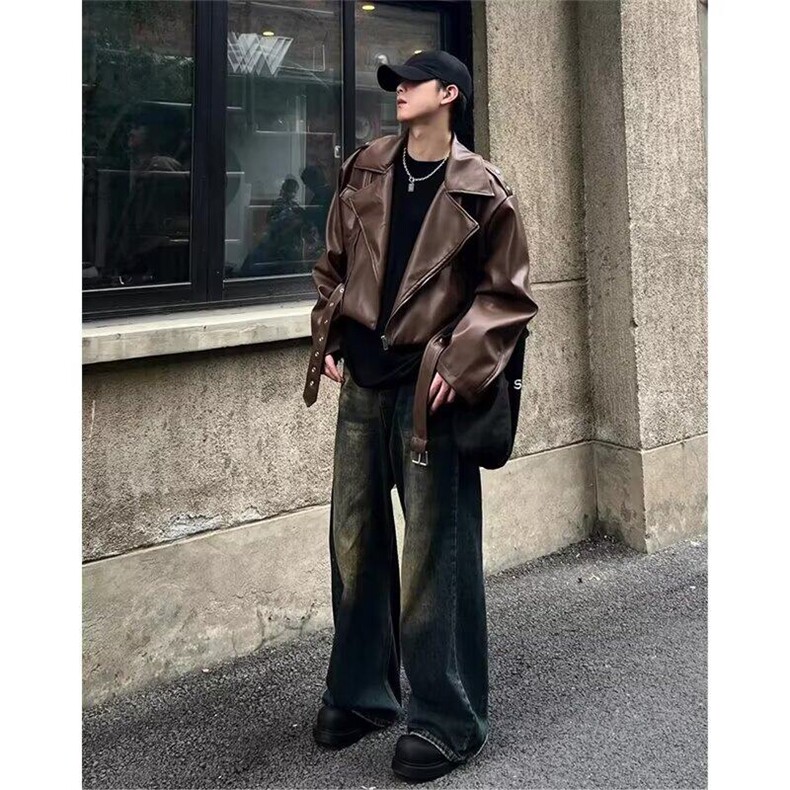 棕色短款皮衣外套男款美拉德穿搭高级感美式复古cleanfit机车夹克,男装夹克,星座1008