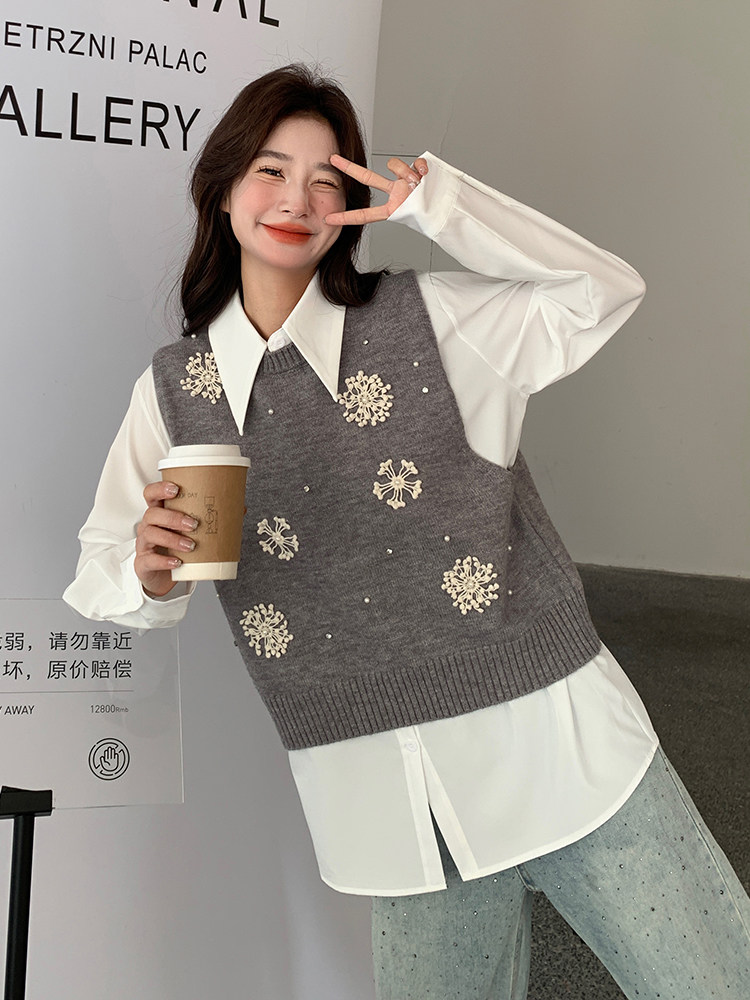 时尚设计感立体花朵针织马甲套装女2025春季小个子气质衬衫两件套,女装马甲,维壹