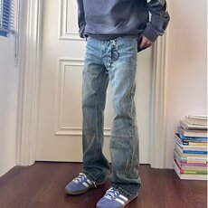 复古做旧美式牛仔裤男高街潮牌竹节纹微喇直筒裤N1119-P52，男装牛仔裤，星座208-5