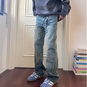 复古做旧美式牛仔裤男高街潮牌竹节纹微喇直筒裤N1119-P52图片