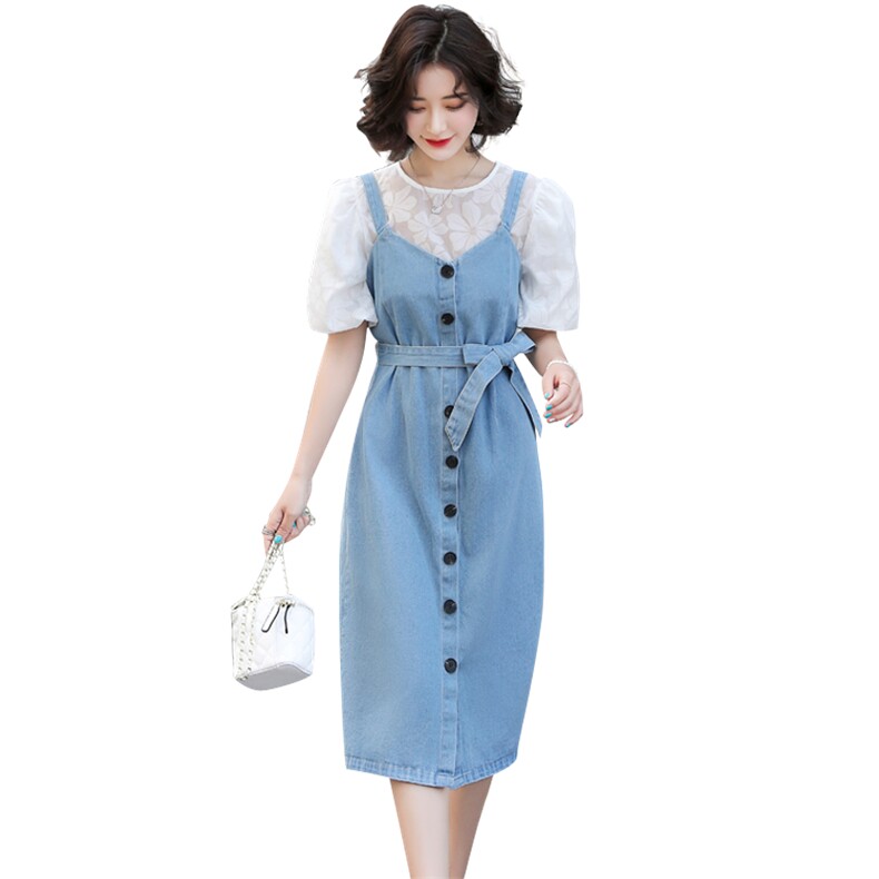 (现货）2026夏季新款泡泡袖圆领小衫+牛仔背带裙两件套(配腰带）,女装套装/套裙,印象茜
