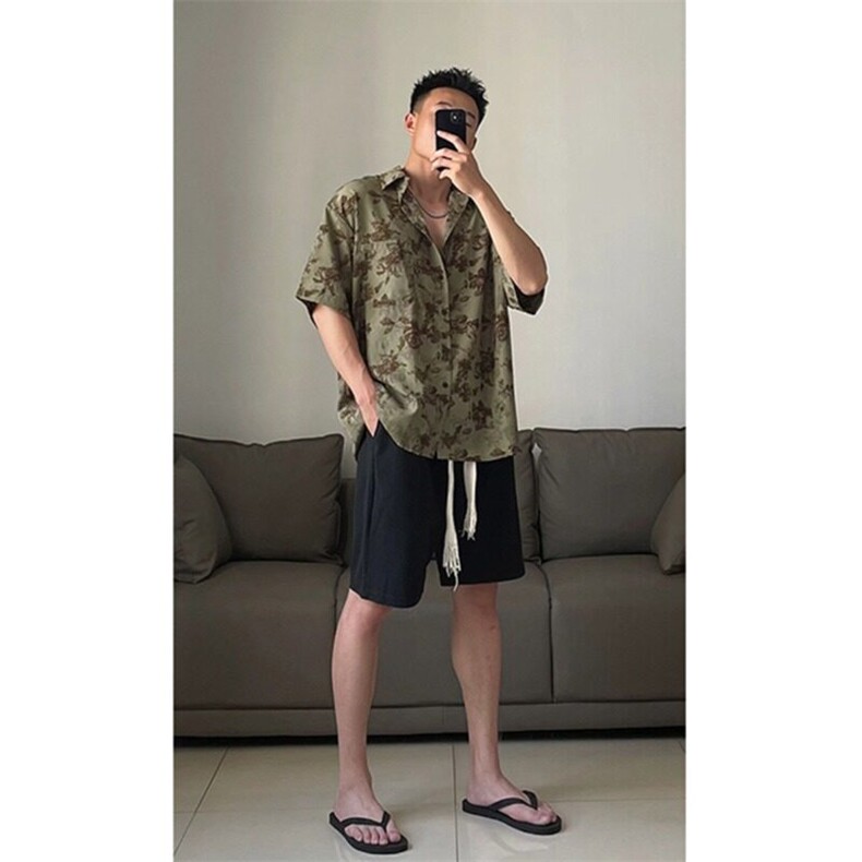 腰果花衬衫短袖夏季潮牌痞帅高级感翻领衬衣设计感情侣装五分袖,男装衬衫,星座218-1（原230）