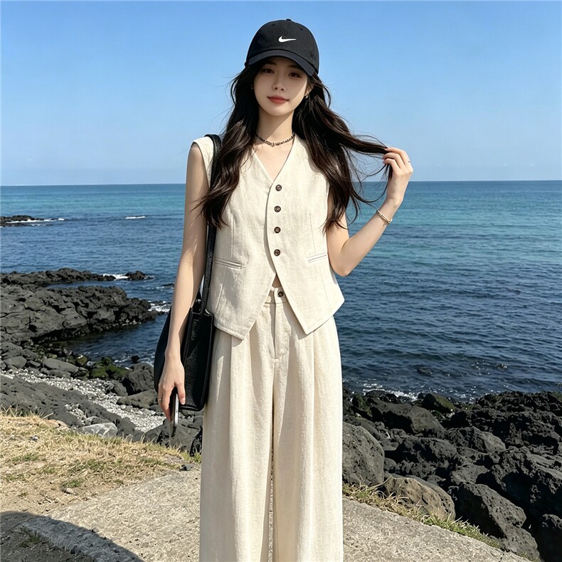 法式高级感气质减龄套装女夏季新款宽松简约无袖上衣长裤两件套潮,女装套装/套裙,江南