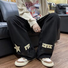 美式复古字母植绒刺绣休闲直筒裤男高街潮牌宽松阔腿长裤K446-p42，男装休闲裤，星座1008-1