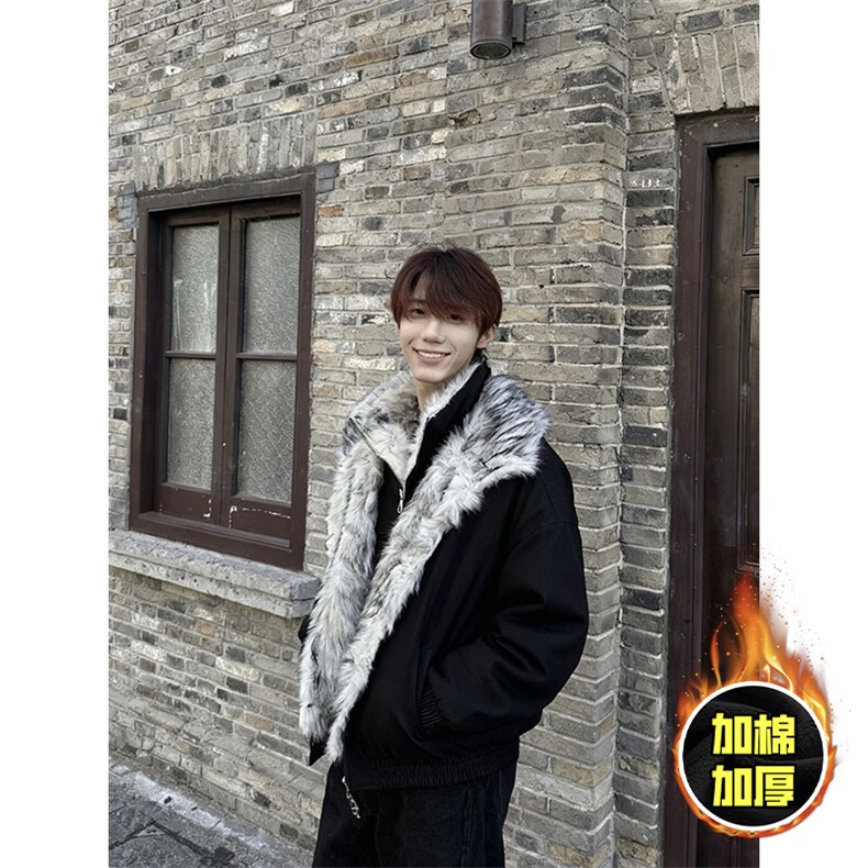 现货高品质美式高街重磅狼王座山雕毛毛领假两件棉衣加厚棉服外套，男装棉衣，电商A486-1