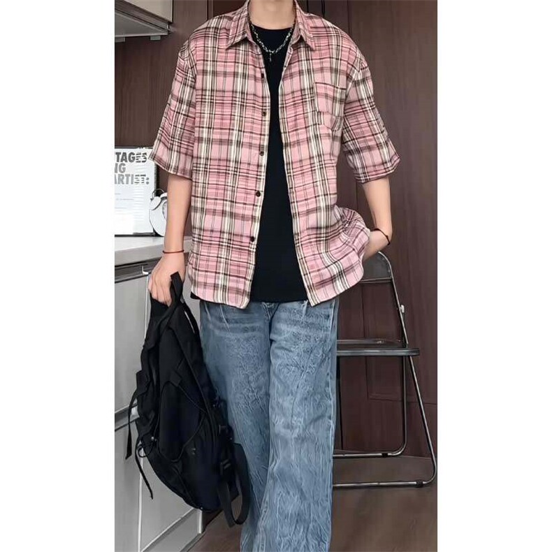 夏季数据短袖衬衣美式复古格子半袖衬衫小众上衣CS2510P40,男装T恤,电商A128